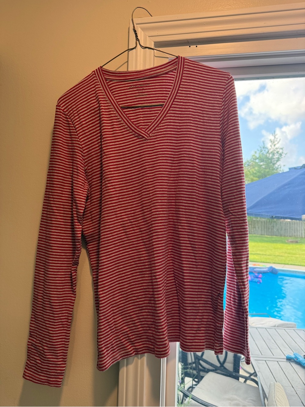 Eddie Bauer Red and White Striped V-Neck Top